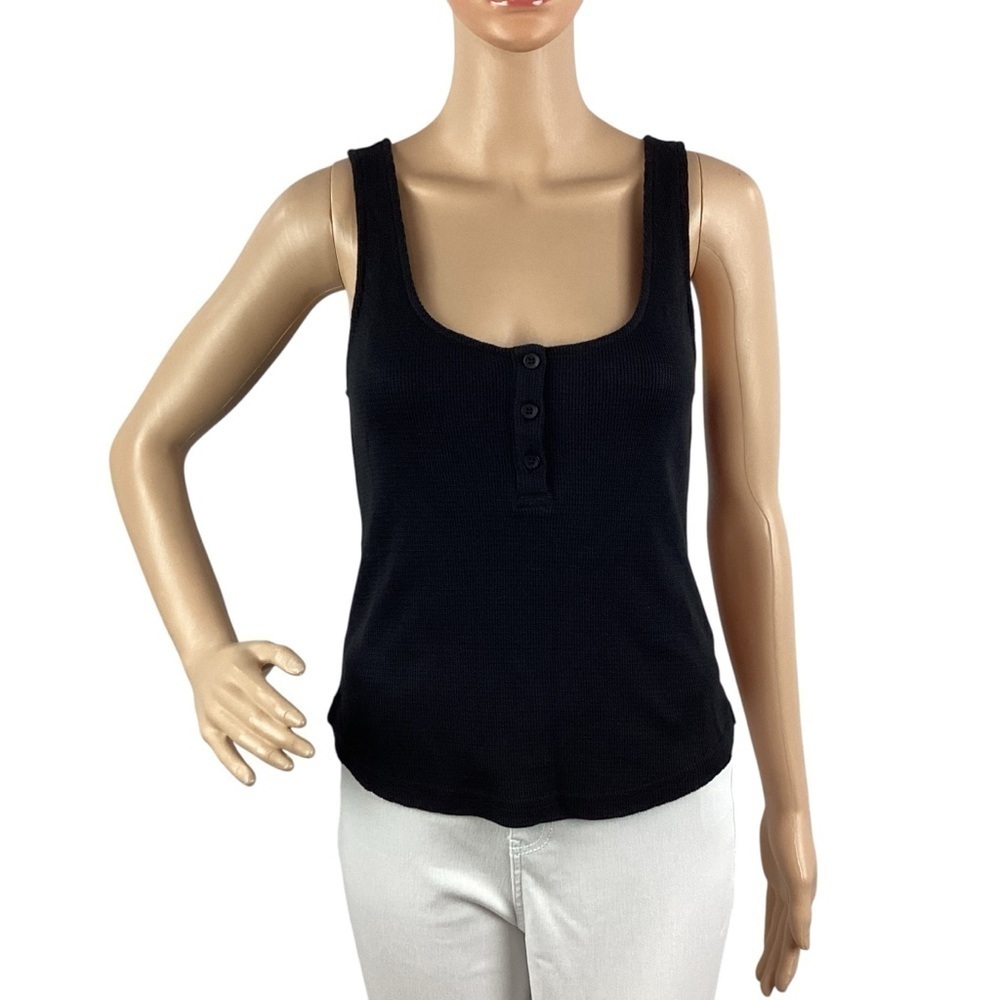 Monrow Baby Thermal Loose Henley Waffle Knit Tank Size S Black
